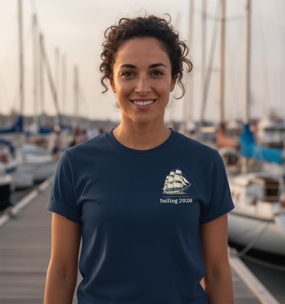 SAILOR Tall Ship Shirt | Vintage Nautical Back Print Tee | Engraved Square Rigger | Sailing 2026 Chest Logo | Garment-Dyed Sailor Gift