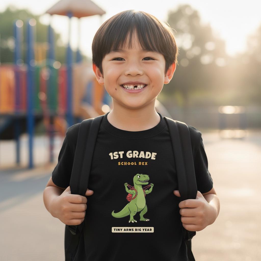 1st Grade Dinosaur Shirt | Funny T-Rex Tiny Arms Back to School Tee | First Day of School Kids Gift | Youth T-Shirt